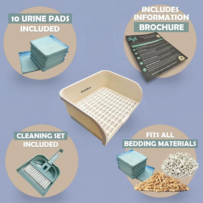 Kiwi & Mora Rabbit Litter Box - Extra Large Bunny Litter Box with Grate | 17.1"x12.8", Pee Pads & Cleaning Set – Potty Training Litter Pan for Large Breed Rabbits, Guinea Pig, Ferret, Chinchilla