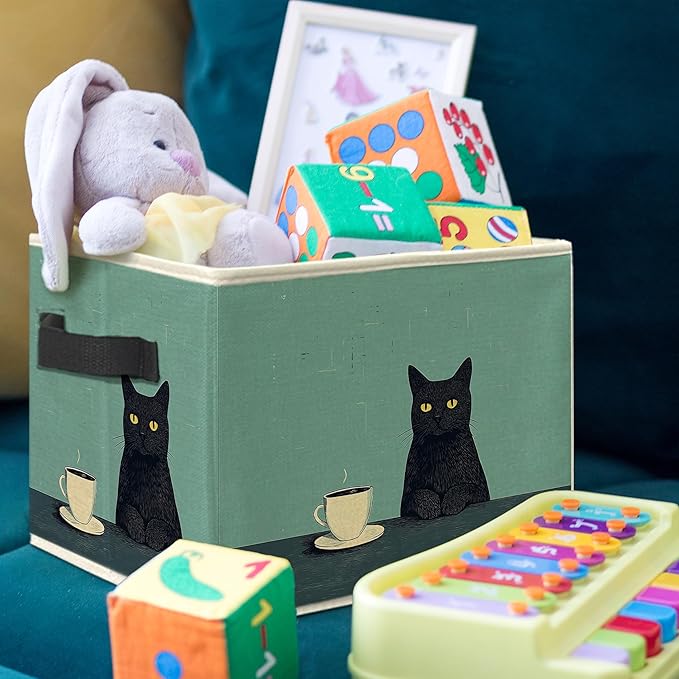 Funny Black Cat Drink Coffee Storage Bin Box, Cat Lover Mom Lady Grandma Gifts Collapsible Storage Basket Organizer for Bedroom Bathroom Home Clothes Toys Books, Toybox for Girls