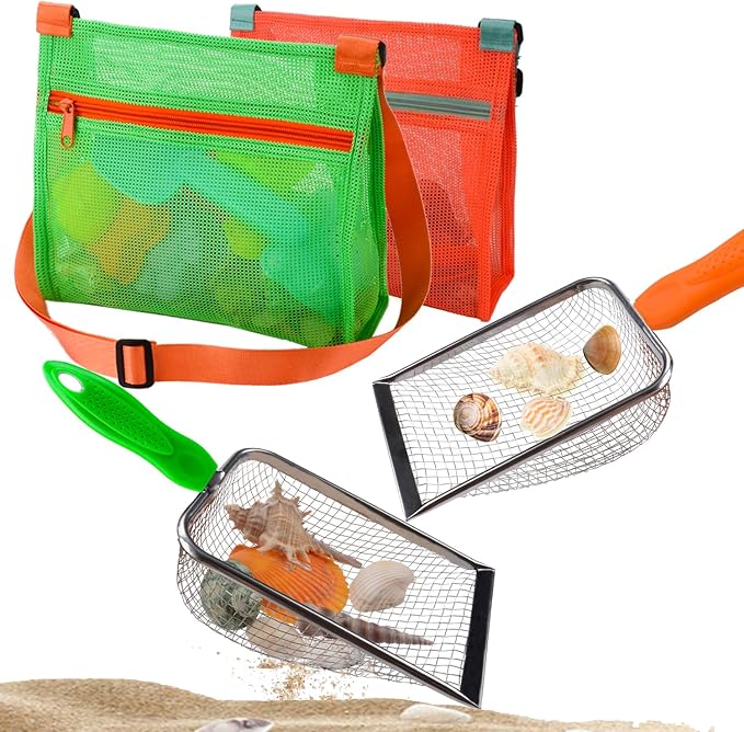 MUYIZI Beach Mesh Shovel with Mesh Beach Bag for Shell Collecting, Kids Sand Sifter for The Beaches,Shell Scooper for Beaches,Shark Tooth Sifter Dipper,Sea Shell Bags for Kids,Sand Toy (Orange+Green)