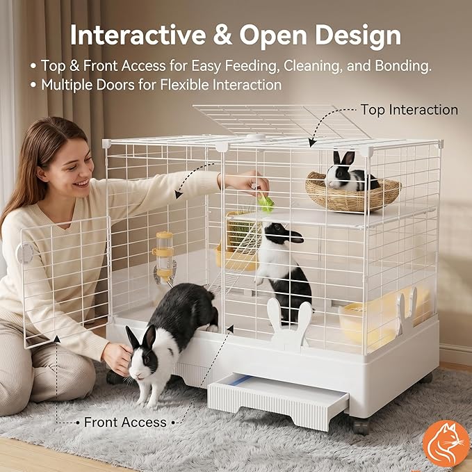 Oneluck Rabbit Cage Indoor,Loft Bunny Hutch with Urine-Proof wall,Leak-Proof Trays, Wheels 28.7" L x 18.1" W x 25.6" H for Rabbits Chinchillas, Guinea Pig and Small Animal (Small, Opaque)
