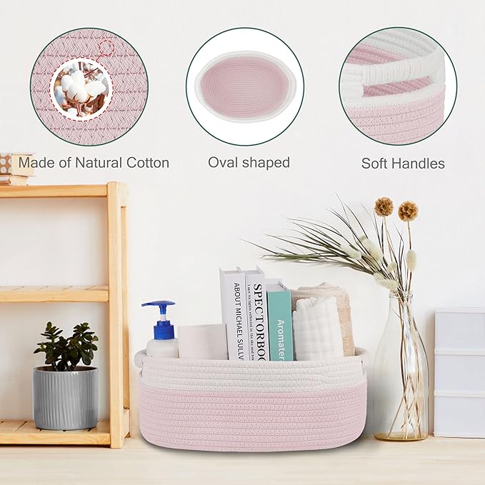 Small Woven Basket with Gift Bags and Ribbons, Empty Baby Gift Baskets, Shelf Storage, Small Cat Dog Pet Toy Boxes, 13”x 9”x 5.5”, Light Pink