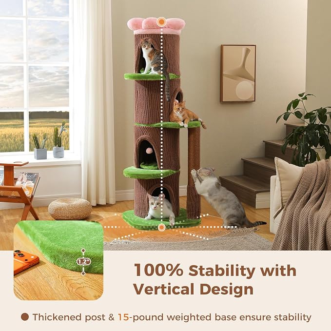 MUTTROS Forest Cat Tree with Flower Condos, Cute Tall Cat Tower with Scratching Posts & Padded Perch, Multi-Level Kitty Activity Center for Indoor Cats, Indoor Jungle Gym Furniture