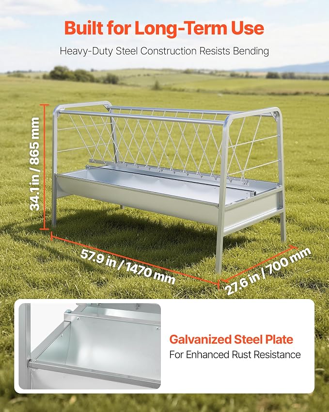 VEVOR Livestock Hay Feeder, 2 in 1 Grain & Hay Feeder, 80-Gallon Capacity, 57.9" Long Goat Pasture Feeding with Deeper Feeding Pan, Heavy Duty Steel Grain Holder for Sheep Sheds, Farms, Horse Barns