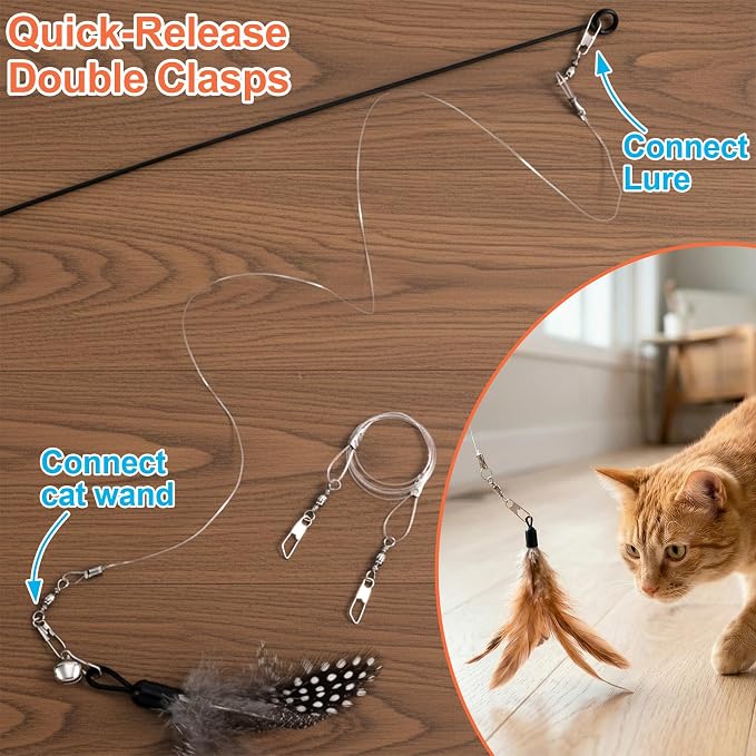 2pcs Replacement Strings for Cat Wand, Plastic Paracord Strings Replacement with Lobster Clasps, Interactive Kitten Wand Stick Wire for Cat Teaser Wand- Clear