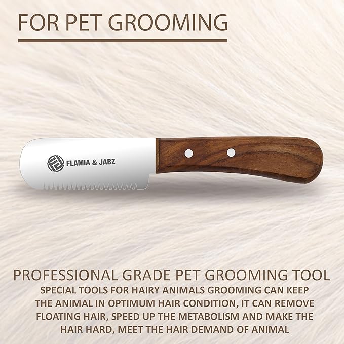 FLAMIA & JABZ Professional Dog Grooming Hand Stripping Knife, Stripper Trimmer Tool, Red Meranti Wooded Handle non slip grip with Tripping Stainless Steel blade (Coarse, Right Handed)