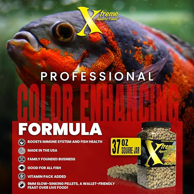 Xtreme Monster 9.0mm Pellets – Slow Sinking & Ideal for Large Cichlids, Monster Fish & Voracious Eaters – Boost Immune & Digestive Health, Max Marine Protein Fish Food – USA Farm Grown (37oz)