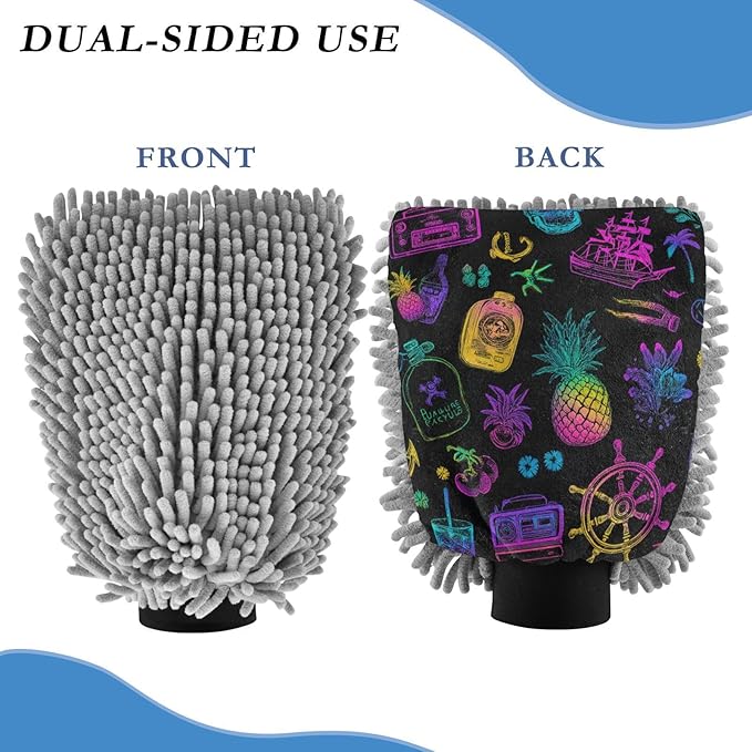 Car Wash Mitt Microfiber Wash Mitts for Car Washing Scratch-Free Cleaning Gloves Soft Non Absorbent Chenille Auto Hand Mitt Medium 2Pack Neon Ships Pineapple Skull Black
