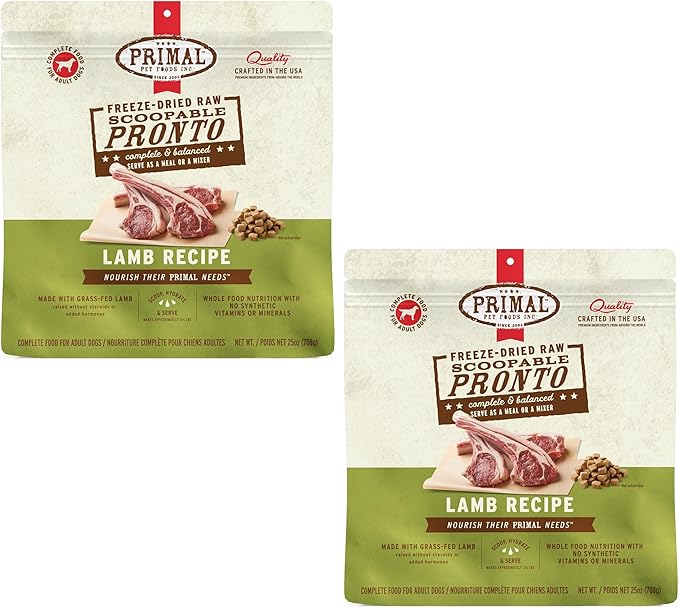 Primal Freeze Dried Dog Food, Pronto Mini Nuggets, Lamb; Scoop & Serve, Complete & Balanced Meal; Also Use as Topper or Treat; Premium, Healthy, Grain Free, High Protein Raw Dog Food 25 oz (Pack of 2)
