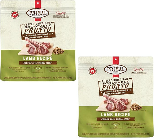 Primal Freeze Dried Dog Food, Pronto Mini Nuggets, Lamb; Scoop & Serve, Complete & Balanced Meal; Also Use as Topper or Treat; Premium, Healthy, Grain Free, High Protein Raw Dog Food 25 oz (Pack of 2)