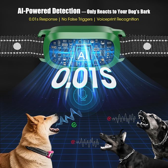 Smart AI Bark Collar for Large Medium Small Dogs, Anti Barking Device with 5 Training Modes, Exclusive Forced Bark-Stopping, Rechargeable IP67 Waterproof Bark Collar with 5 Sensitivity (Green)