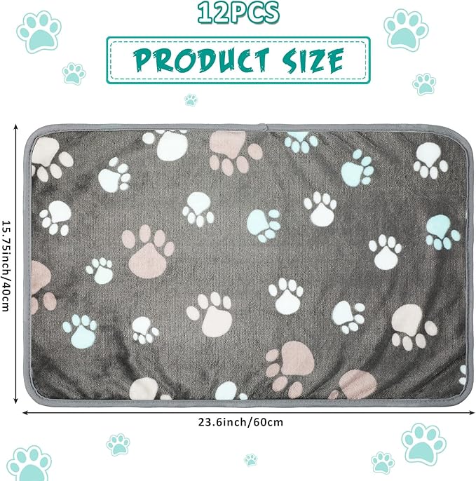 Tegeme 12 Pcs Pet Blankets 23 x 16 Inch Soft Fluffy Fleece Dog Cat Warm Paw Print Pattern Blankets Flannel Throw for Pets Dog Puppy Cat(Dark Gray)
