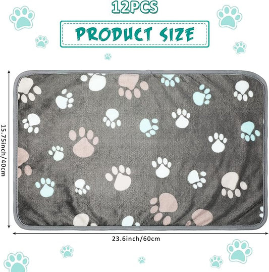 Tegeme 12 Pcs Pet Blankets 23 x 16 Inch Soft Fluffy Fleece Dog Cat Warm Paw Print Pattern Blankets Flannel Throw for Pets Dog Puppy Cat(Dark Gray)
