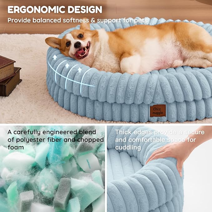 ChiXnuggle Dog Bed Large Sized Dog - Luxury Striped Faux Fur Waterproof Pet Couch with Removable Washable Cover, Orthopedic Pet Bed with Bolster Sides for Sleeping, Light Blue