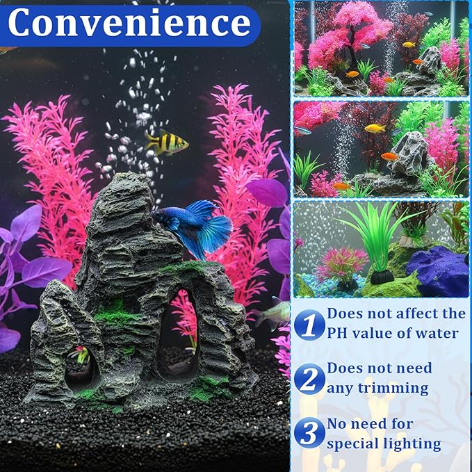 Suncalla 16 Pcs Aquarium Fish Tank Plastic Plants and Cave Rock Decorations Decor Set Pink Cherry Blossom Tree Aquarium Decor Set Small and Large Artificial Fish Tank Plants Accessories