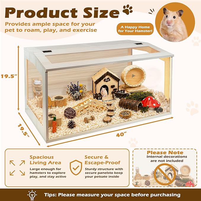 PROLEE Hamster Cage with Chewproof Wood Top, Guinea Pig Cages, Hamster Habitat with Clear Acrylic Sheets Solid Built, Small Animal Cage (Oak, 40X19.5X19.5 inch)