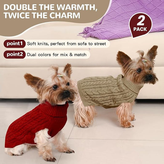 Dog Sweater 2 Pack for Small Dogs, Size XS, Red & Brown | Stretchy cable knit turtleneck, machine washable, high belly cut, comfy winter fit for Chihuahua, Yorkie