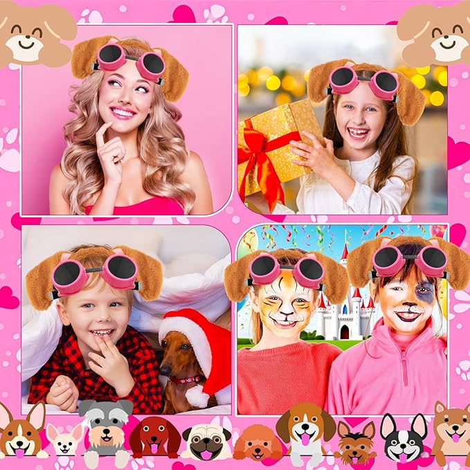 Dog Ear Headband Pink Steampunk Goggles,Halloween Brown Dogs Ears Headbands Paw Themed Costume Accessories for Women,Girls Cosplay Party Decorations