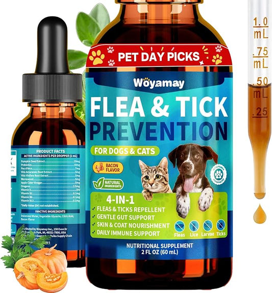 Woyamay 4-IN-1 Flea and Tick Prevention Drops for Dogs and Cats, Natural Cat & Dog Flea and Tick Treatment, Supports Flea Defense, Gut Health, Skin & Coat Nourishment, and Immune Support, Bacon Flavor