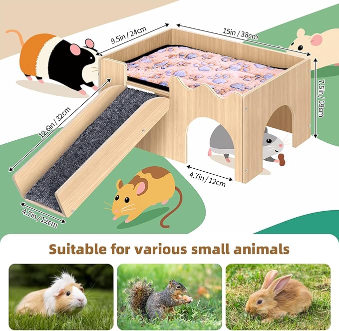 Extra Large Guinea Pig Hideout Castle, Natural Chew Proof Wooden Small Animal House with Anti-Slip Stairs & Mat, 2-Story Detachable Habitat, Easy to Assemble for Guinea Pigs, Rabbits, Hamsters