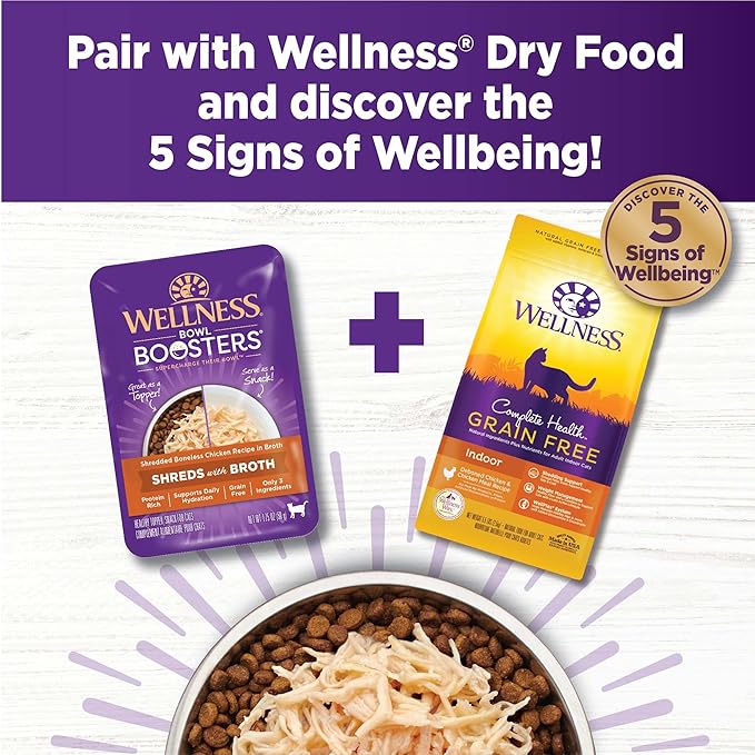 Wellness Bowl Boosters Shreds with Broth Wet Cat Food Topper, Grain Free, Natural, Chicken Recipe, 1.75 oz, Pack of 12 Pouches