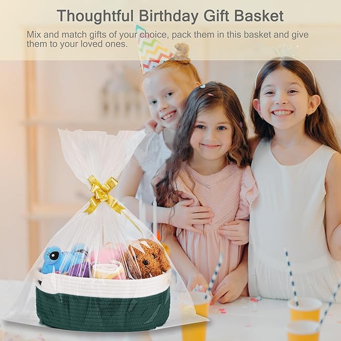 Small Woven Basket with Gift Bags and Ribbons, Empty Baby Gift Baskets for Kids Women Men, Shelf Storage, Small Cat Dog Pet Toy Boxes, 13”x 9”x 5.5”, Dark Green