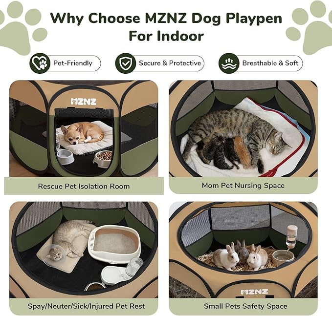 Dog Cat Playpen, Portable Small Animal Playpen Crate Indoor for Dogs Cats Rabbits, Foldable Guinea Pigs Bunny Cage Enclosure Outdoor, Pop Up Dogs Cats Tent Kennel with Carrying Case, Olive Green