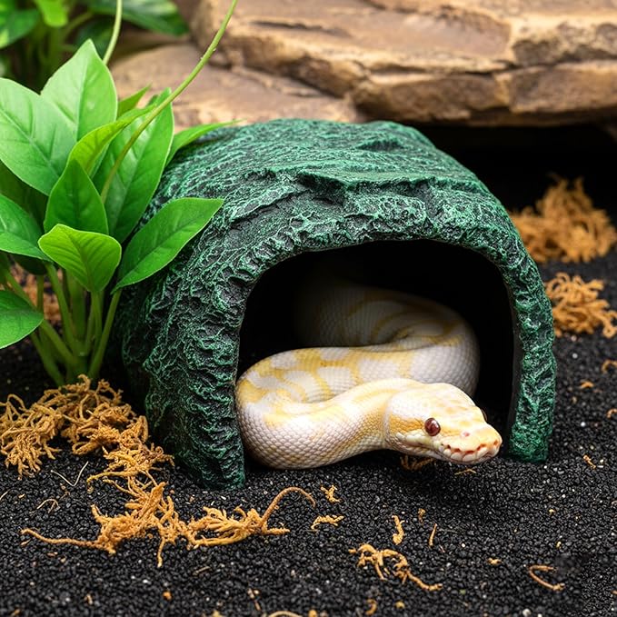 Cididu Reptile Hide Rock Cave, Resin Habitat Hidden for Terrarium and Aquarium Decor, Green Hideout Hide Cave Fit for Bearded Dragons, Lizards, Snakes, Geckos, Tortoises, Small Animals, Amphibians