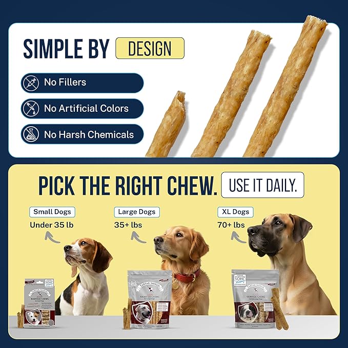 Tartar Shield Soft Rawhide Chews | Safe Dental Treats for Large Dogs | Vet VOHC Approved | Daily Bone Cleans Teeth & Gums Fresh Breath Oral Health Support | USA Made | (XL Dogs / 12 Count)