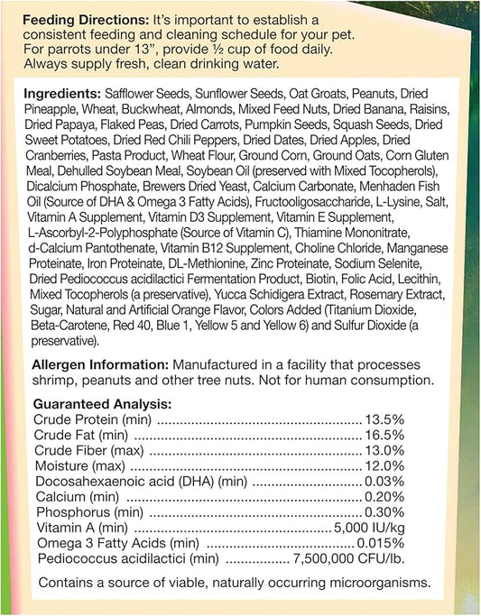 F.M. Brown's Tropical Carnival Gourmet Bird Food for Parrots, African Greys, and Conures Under 13", Probiotics for Digestive Health, Vitamin-Nutrient Fortified Daily Diet - 5 lb.