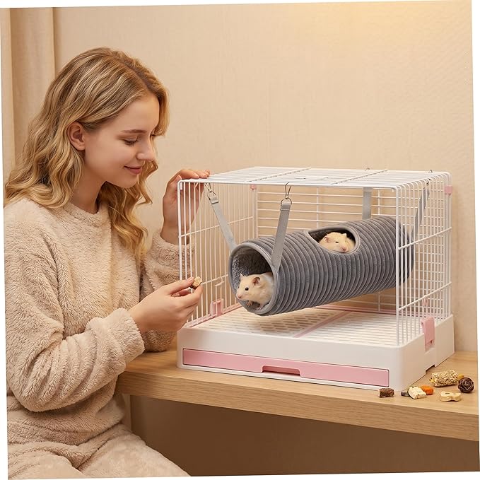 Ferret Hammock Tunnel, Play & Sleep Rat Hammock for Guinea Pigs, Rats, Hamsters, Soft Plush Cage Accessory - Gray - Rat