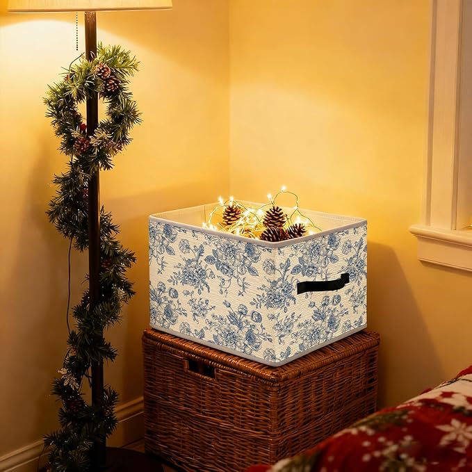 Blue and White Chinoiserie Floral Storage Bins, Grandmillennial Flower Foldable Closet Organizers Storage Basket Toybox for Clothes Bed Sheets Blankets Toys