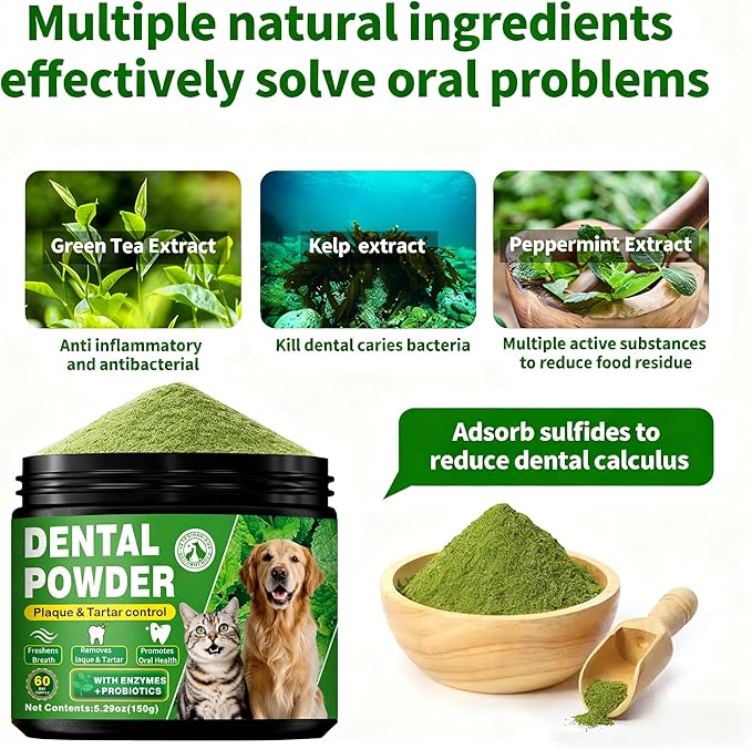 Dog Dental Powder – Helps Clean Teeth & Reduce Tartar, Fresh Breath Support, Natural Dental Care for Dogs, Easy to Use, 60-Day Supply