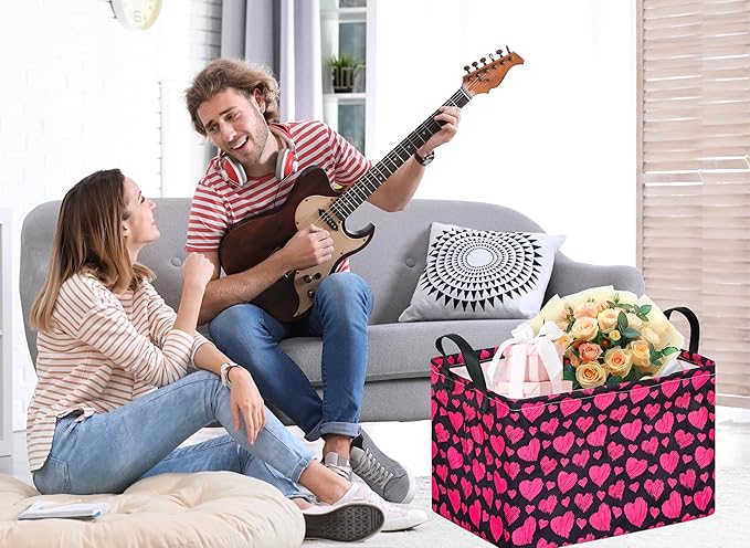 Kid Storage Basket Gift Shelf Basket Toy Storage Bin, Nursery Basket Organizer Box for With Handles for Room Deco Heart Pattern Valentine's Storage Basket