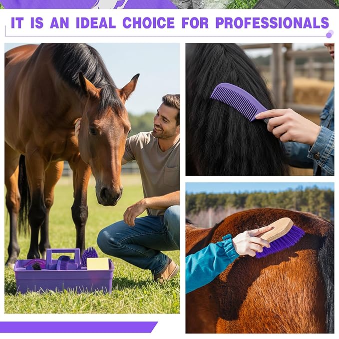 Abbylike Horse Grooming Kit with Tote Bag, 6-Piece Horse Care Set with Brush, Comb & Hoof Pick, Portable Grooming Supplies Organizer(Purple)