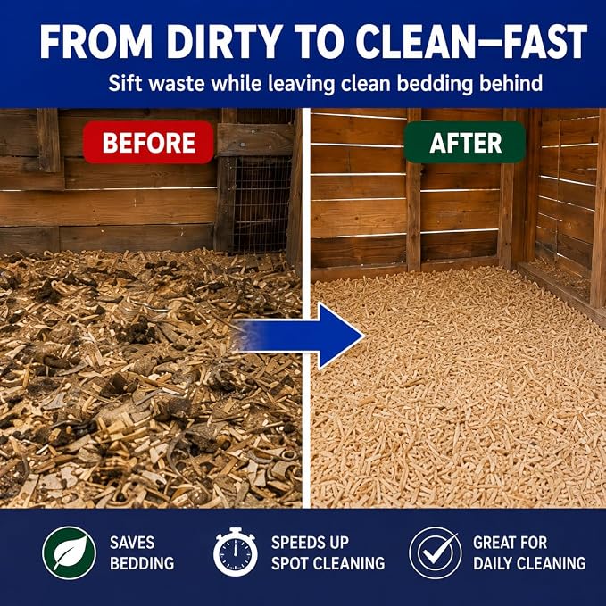 Chicken Poop Scooper with 74" Adjustable Handle – Heavy Duty Metal Chicken Coop Cleaner, 10.2" Wide Sifting Scoop with Built-in Rake & Hook for Sand, Pine Shavings & Manure