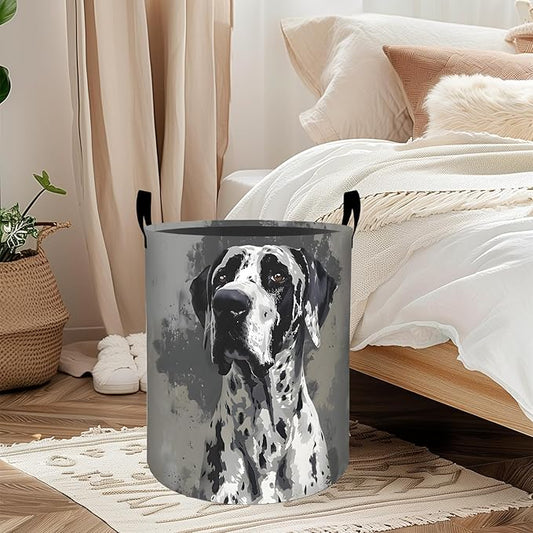Elegant Great Dane Dog Laundry Basket, Oxford Cloth Minimalist Dirty Clothes Collapsible Hamper for Room Decor, Puppy Portrait Print Gifts Toy Organizer 19.7*15.8 Inch for Bedroom Bathroom Dorm