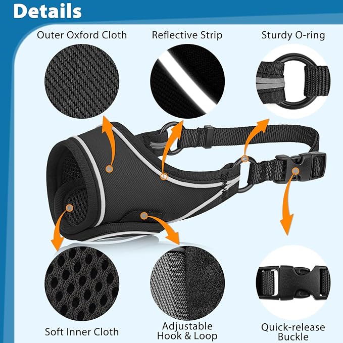 LUCKYPAW Dog Muzzle for Small Medium Large Dog Labrador Golden Retriever German Shepherd, Soft Oxford Cloth Muzzle to Prevent Biting Chewing for Training Grooming with Buckle (Black, XL)