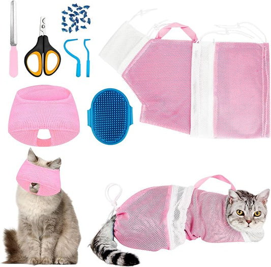 Cat Bathing Bag Adjustable Cat Grooming Net Bag Anti-bite & Anti-Scratch Cat Bath Washing Restraint Bag, Breathable Mesh Cat Grooming Bag for Shower, Nail Trimming, Injection
