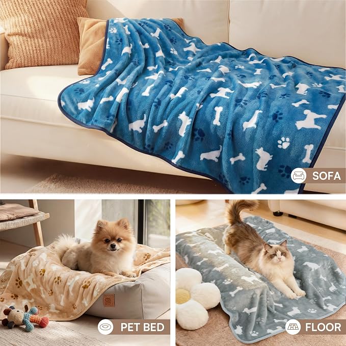 Luciphia 3 Pack Dog Blankets, Soft Fleece Puppy Blanket with Cute Bone Print, Cozy Pet Throw Blanket for Crate Couch Bed Travel, Machine Washable, Blue/Grey/Khaki,41x31