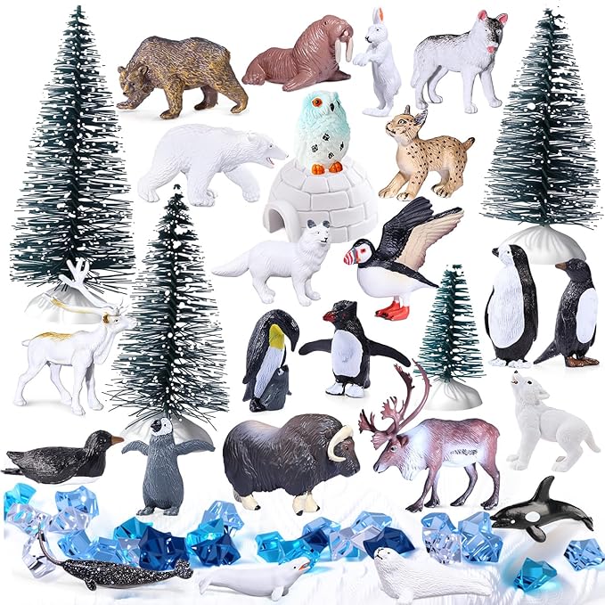 SIENON 60Pcs Arctic Animal Toy Set, Mini Winter Animal Figures with Polar Bear, Penguin, Caribou, Puffin, Lynx, Igloo, Pine Trees, Fake Ice Rocks for School Project Christmas Birthday Cake Decorations