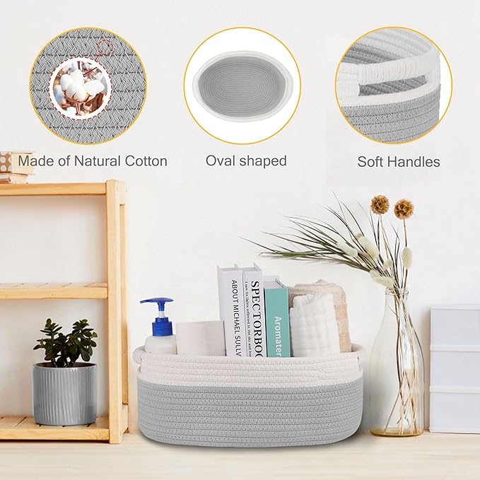 Small Woven Basket with Gift Bags and Ribbons, Empty Baby Gift Baskets for Kids Women Men, Shelf Storage, Small Cat Dog Pet Toy Boxes, 13”x 9”x 5.5”, Cool Gray