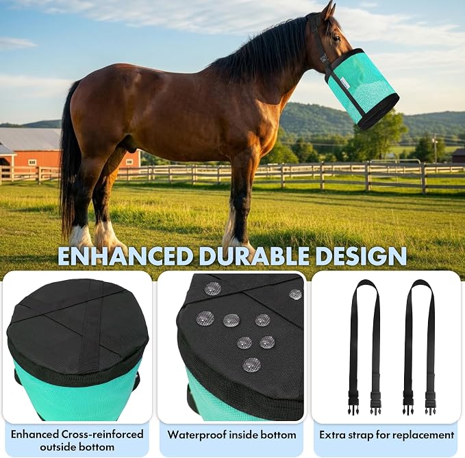 Horse Feed Bag Pack of 2 (Reinforced Bottom Edging), Feed Bags for Horses with Ventilation Mesh, Comfort Nose Pad Neck Pad, Adjustable Strap, Spill Proof Design for Feeding Grain, Supplements