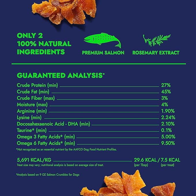 Finfare Freeze Dried Dog Food Toppers, Salmon Crumbles, Protein & Omega-3s, Grain Free Salmon Training Treats and Meal Toppers for Dogs, Crafted in USA, 9oz