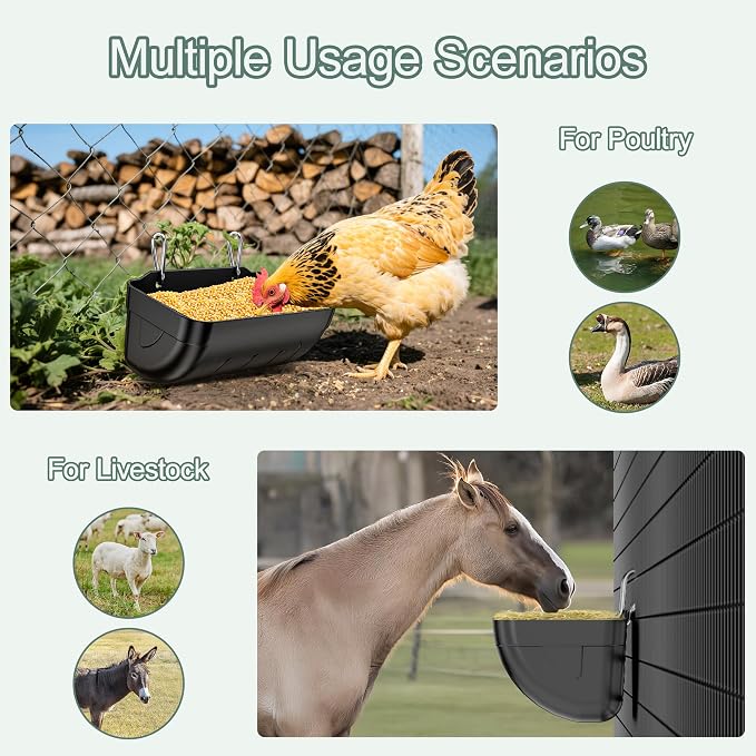 Goat Feeders Hanging, Chicken Waterer Feeder Trough for Poultry Livestock (3 * 3.5 Quart Black)