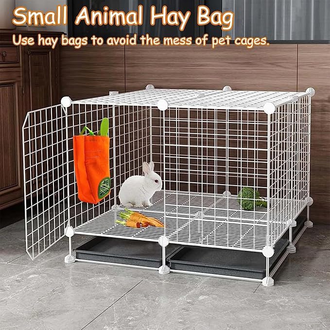 Rabbit Hay Feeder Bag for Cage Guinea Pig Timothy Hay Dispenser Storage Manger Hanging Large Less Waste for Bunny (Carrot)