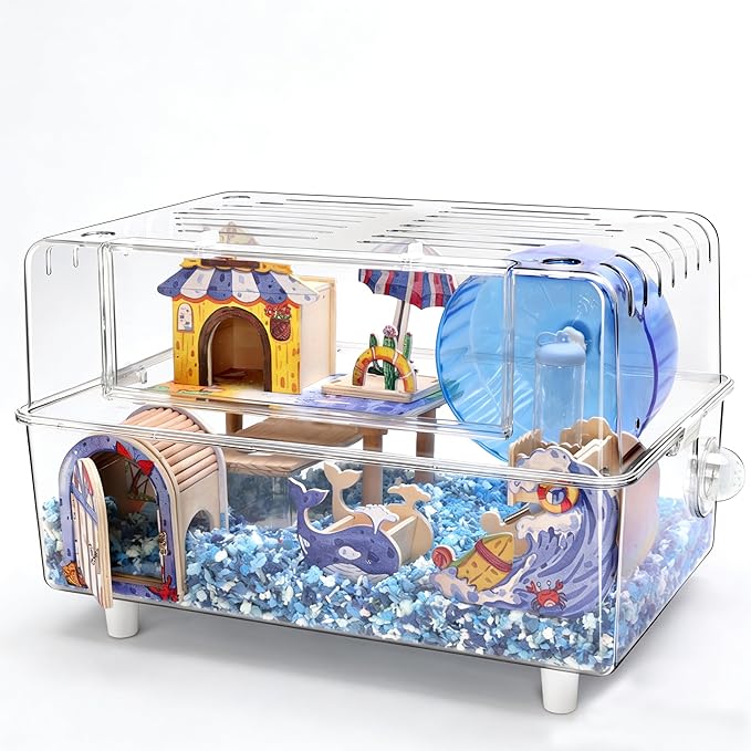 10-in-1 Acrylic Hamster Cage with Stand & Ocean Accessories, 23.2"x14.8"x15.2" Large 2-Tier Syrian Hamster Habitat, Starter Kit for Pet Mice & Hamsters, Easy to Assemble & Clean