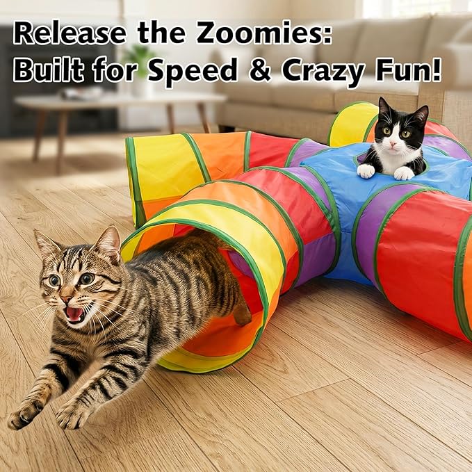 Joytale 5-Way Cat Tunnels for Indoor Cats, Pet Tube Toy with Play Ball and Toy Mouse, S-Shape Collapsible Tunnel with Interactive Hole for Kitty, Kitten, Rabbit, Puppy (Rainbow)