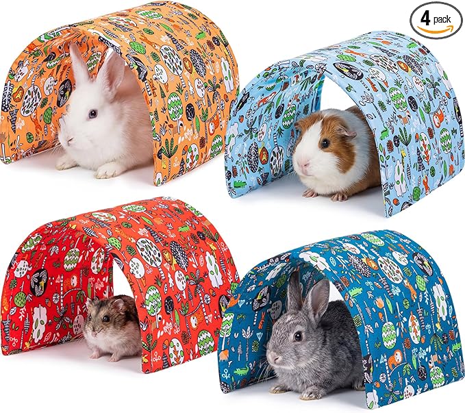 BreezeHug 4 Pcs Guinea Pig Tunnel Foldable Rabbit Hideout Washable and Soft Bunny Hide House Ferret Tunnel Toys Cage Accessories for Small Animal Hamster Hedgehogs Chinchilla(Doodle Forest)