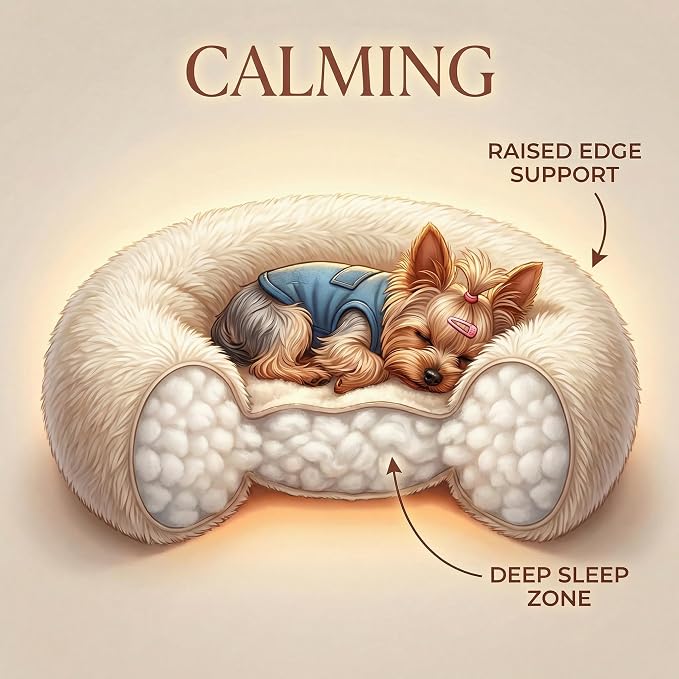 Extra Small Dog Bed 19 Inch,Calming Donut Puppy Bed,Ultra Soft Faux Fur Round Dog Bed for Chihuahua Yorkie Maltese Pomeranian,Beige