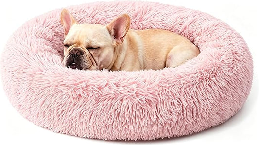 Calming Large Donut Dog and Cat Bed, Anti-Anxiety Round Soft Fluffy Plush Faux Fur Washable Anti-Slip Pet Bed for Medium Dogs Up to 35 lbs 28in Pink